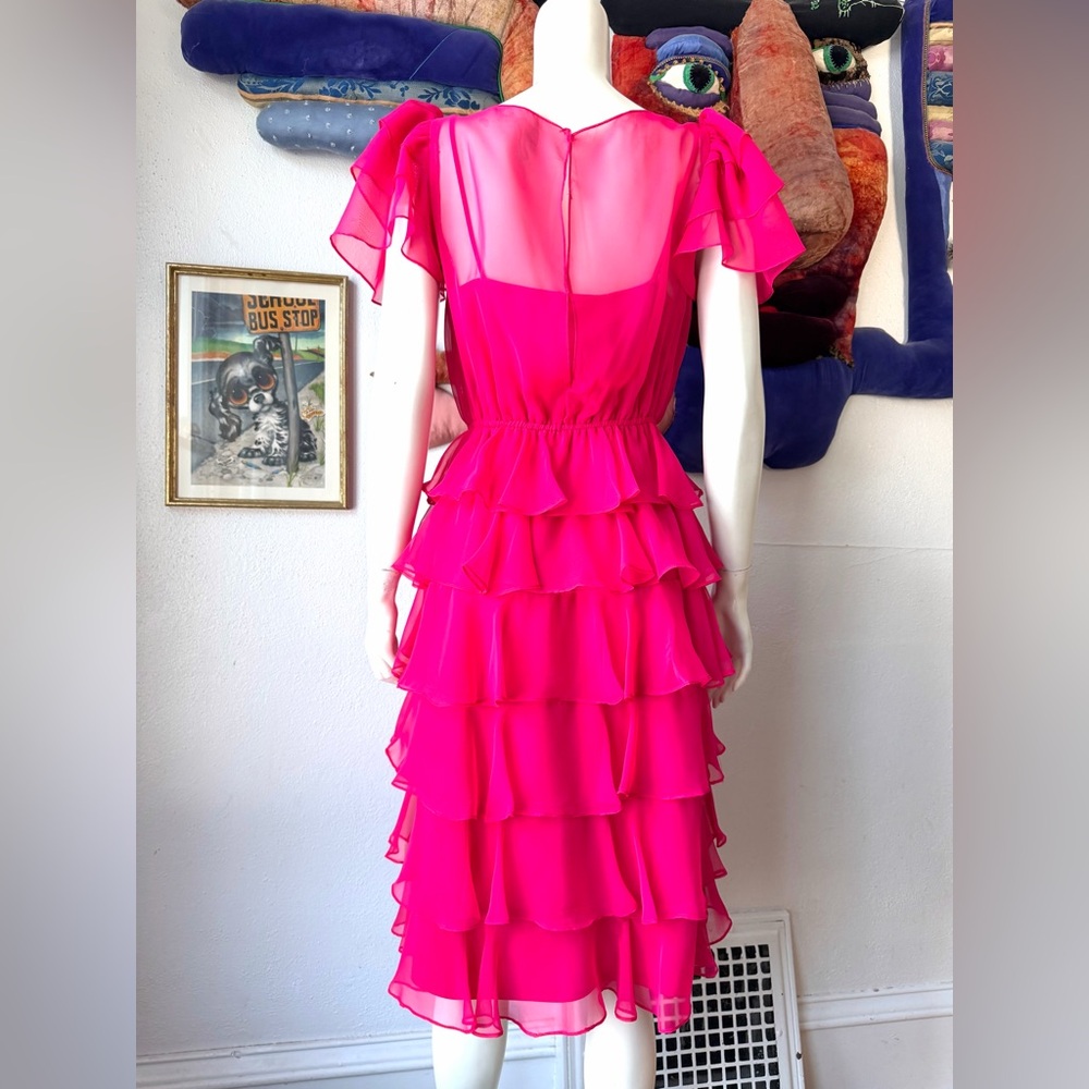 1970s PINK CHIFFON RUFFLES DRESS Vintage Ruffled Fluttery Sleeves Romantic 1980s - Picture 7 of 8
